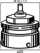 Adapter von IMI Hydronic Engineering mit einer sechseckigen Oberseite und einem Anschlussstift, geeignet für verschiedene Ventiltypen, abgebildet in technischem Design.